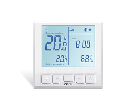 Žični WiFi termostat POER PTC26 za natančno upravljanje temperature z mobilno aplikacijo. Pametni termostat s tedenskim programiranjem, prilagajanjem temperatur in podporo za ogrevalne sisteme z obremenitvami do 16A.